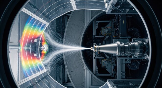 Hypersonic wind tunnel test section with transparent windows revealing supersonic airflow patterns for scramjet fuel injection analysis.