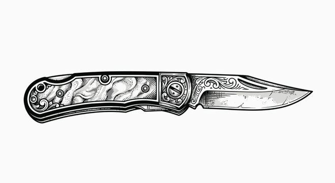 Black and white tattoo style illustration of a vintage folding pocket knife featuring a mother of pearl handle, ornate engraved blade details, and clean lines on a white background.