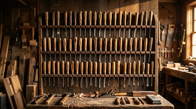 Wooden chisels and hand tools in a traditional carpenter workshop