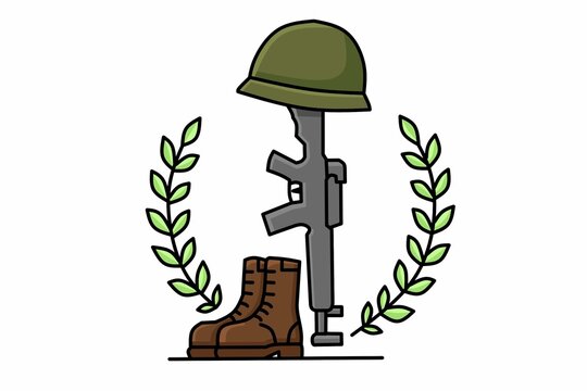 Military Memorial Line Art Icon with Soldier Helmet, Rifle, Boots and Laurel Wreath