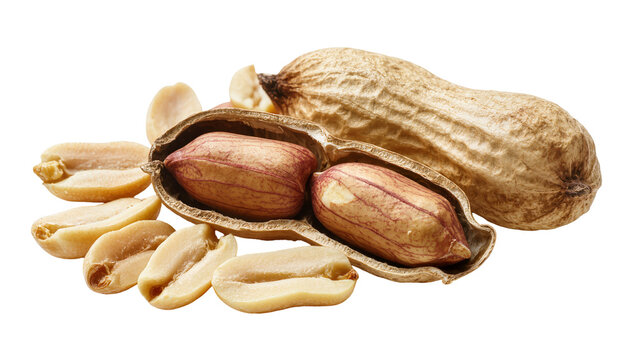 Whole and shelled peanuts with textured shells, isolated on transparent background