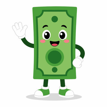 Cute Green Money Mascot Character Waving with Friendly Smile Flat Vector Cartoon Illustration Isolated on White Background with Simple Shadow Area