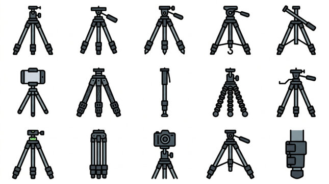 Collection of various camera tripods and monopods for photography and videography.