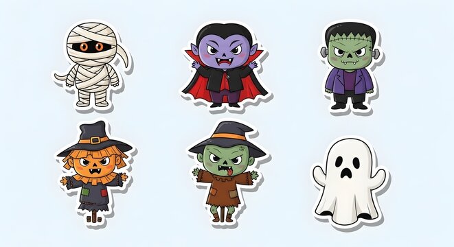 Set of cute spooky monster stickers for Halloween featuring classic horror characters