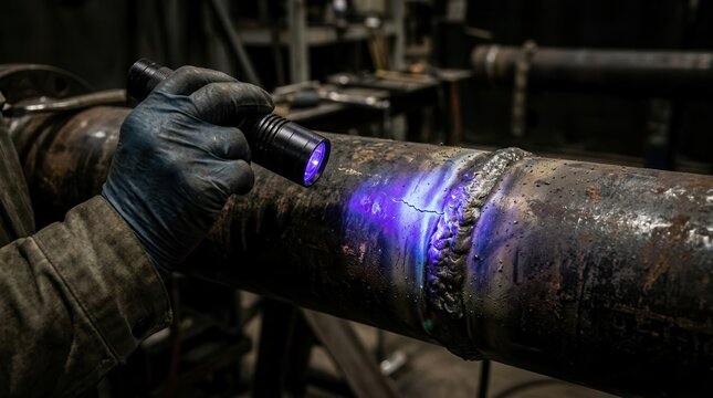 Industrial Dye Penetrant Inspection of a Metal Pipeline Weld