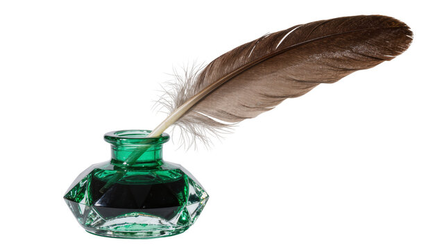 Brown feather quill resting in faceted green glass inkwell filled with black ink, isolated on transparent background