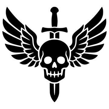 Winged Skull with Sword Gothic Icon Emblem Vector Isolated on White Background