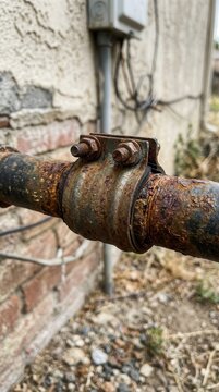 Industrial decay featuring a rusted metal pipe secured by a weathered steel clamp