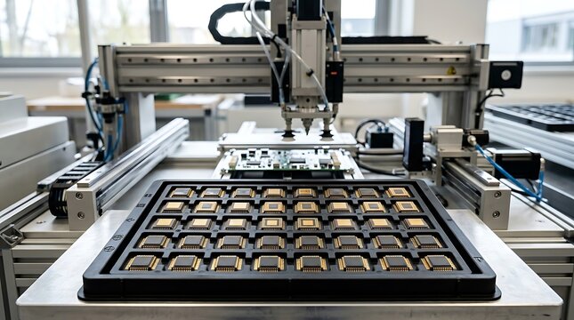 Robotic machine assembling microchips on a production line