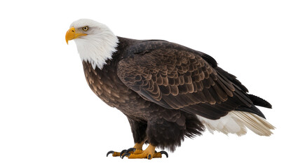 Fototapeta premium Majestic bald eagle with dark brown feathers and white head, isolated on transparent background