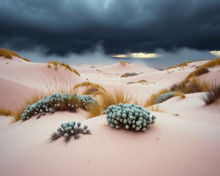 D&eacute;sert de sable clair avec buissons &eacute;pineux verts et dunes ondulantes sous un ciel spectaculaire charg&eacute; de nuages orageux sombres, contraste saisissant entre lumi&egrave;re et temp&ecirc;te