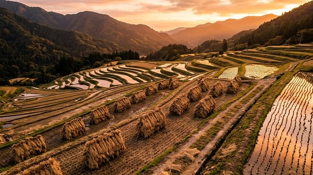 Sunset over terraced rice fields in a mountain valley