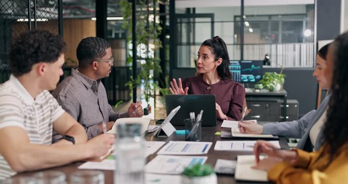 Meeting, woman and trading with team in boardroom for discussion, numbers and finance brief. Manager, group and task delegation for financial collaboration, stock market info and strategy with laptop