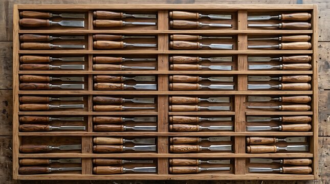 Collection of wood chisels organized in a custom wooden box