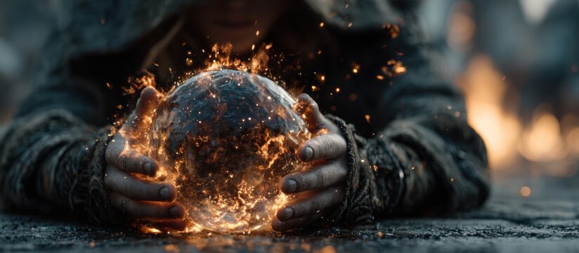 Person holding burning globe.