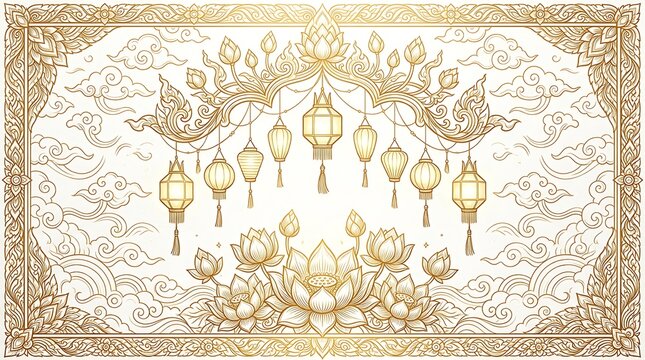 Traditional golden floral frame with lanterns and lotus blossoms