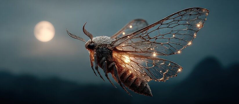 Firefly glowing in night sky.