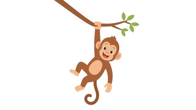 Cute cartoon monkey swinging on tree branch loop on green screen and white background for kids education, jungle animal, and animation asset.