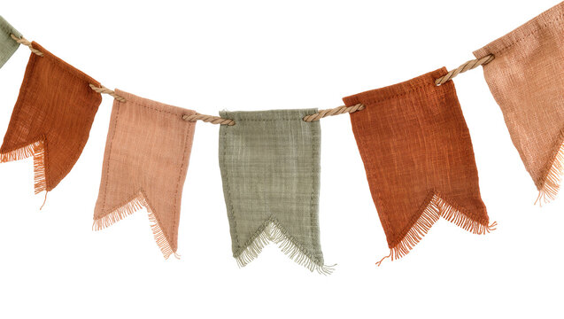 Rustic fabric pennant banner with frayed edges, isolated on transparent background