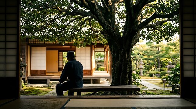 Senior man sitting in a traditional japanese garden under a large tree