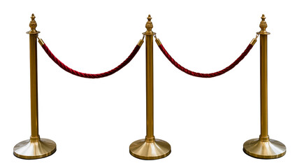 Golden stanchions with red velvet ropes, isolated on transparent background © Maria