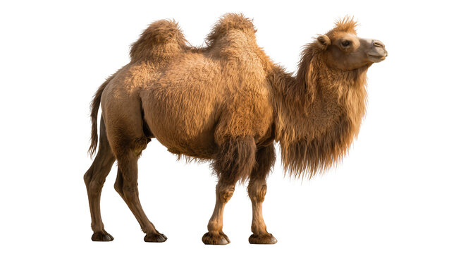 Bactrian camel with two humps fluffy fur, isolated on transparent background