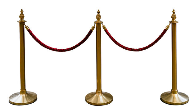 Golden stanchions with red velvet ropes, isolated on transparent background