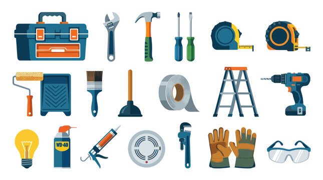 Flat Vector Illustration Set of Home Improvement and Construction Tools and Equipment Icons