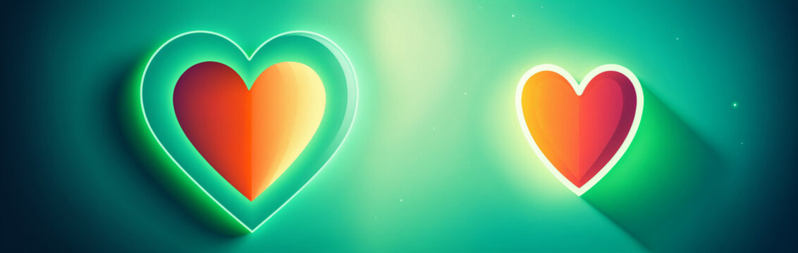 two red and orange gradient three dimensional heart shapes with bright glowing cyan neon outline frame and long diagonal shadow on turquoise green banner