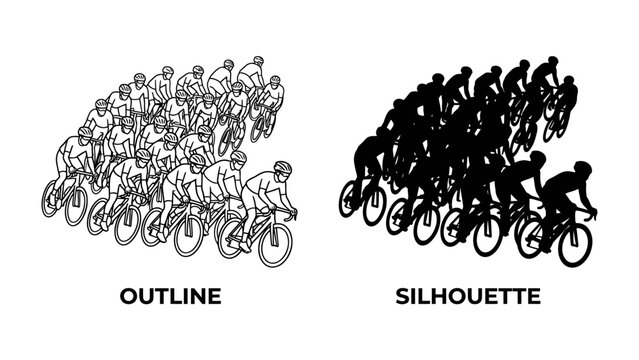 Cyclists in Formation: A dynamic illustration showcasing a peloton of cyclists in a detailed outline and a stark silhouette, capturing the essence of a competitive race.