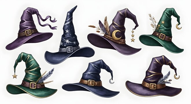 Collection of magical witch and wizard hats with celestial decorations on white background.