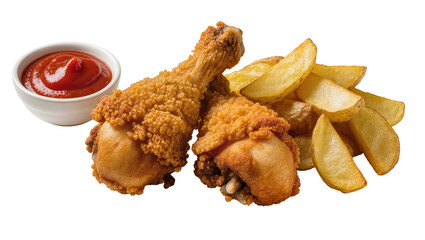 Crispy golden fried chicken drumsticks with potato wedges and ketchup, isolated on transparent background © Maria
