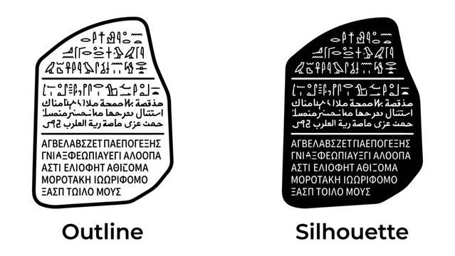 Rosetta Stone Comparison: A side-by-side comparison of the Rosetta Stone, showing its outline and silhouette, featuring hieroglyphic, demotic, and ancient Greek scripts.