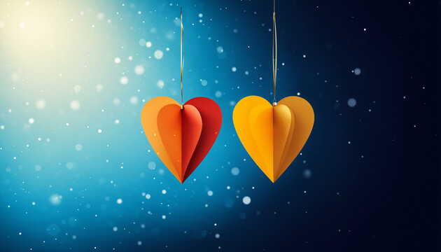 two hanging paper heart ornaments in red and orange colors against a dark blue background with glowing dust particles