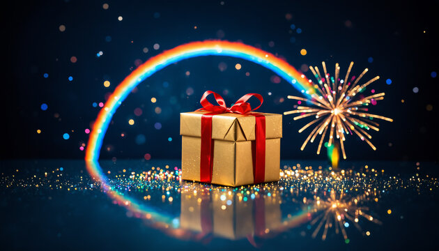 gold gift box with a red ribbon next to a sparkler under a rainbow against a dark blue sky with bokeh