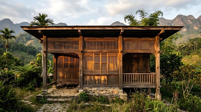 Traditional wooden house nestled in tropical mountains at sunset