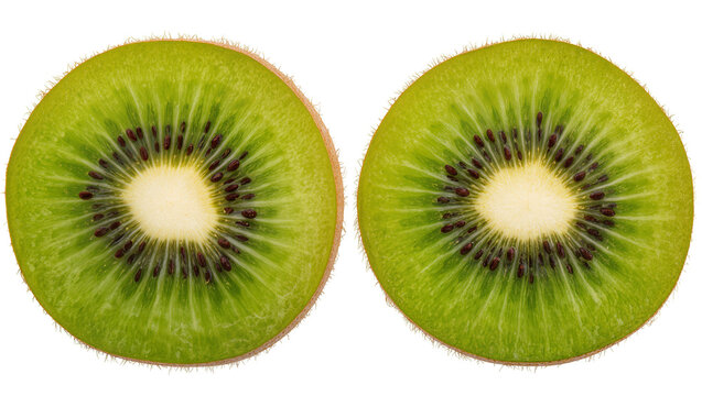 Two vibrant green kiwi fruit slices with fuzzy brown skin, isolated on transparent background