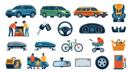 Fototapeta premium Flat Vector Automotive and Travel Icons Set: Cars, Vehicle Parts, Family Trip Accessories Collection