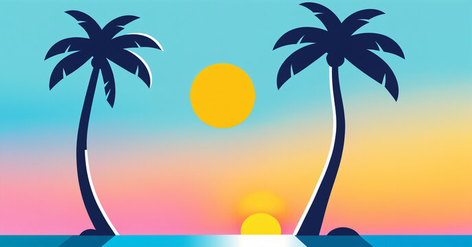 two flat dark blue palm trees and a yellow sun with a sunset sky gradient