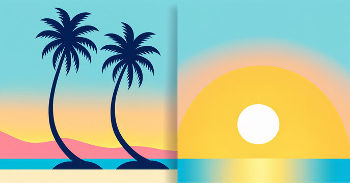 split view of dark blue palm trees against pink mountains and a large yellow sun over the ocean
