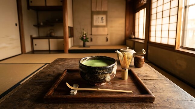 Traditional matcha tea set in a classic japanese room