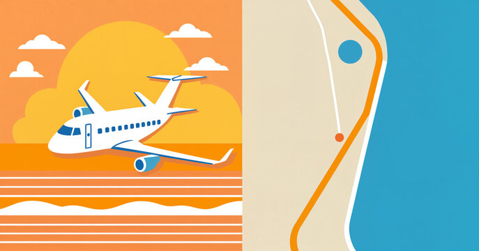 a white passenger airplane flying against an orange sunset sky next to a stylized map with a route line and destination marker