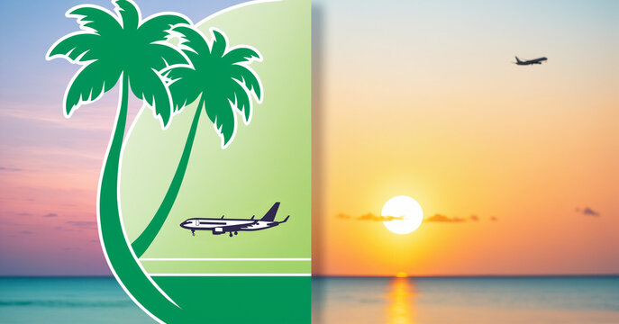 green and white panel showing palm trees and an airplane next to a blurred photograph of a sunset ocean