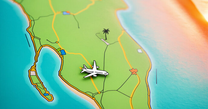 white airplane and black palm tree icons on a map with green land blue water and yellow roads