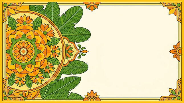 Yellow floral mandala background with leaves and copy space