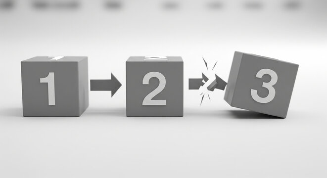 Block 3 breaking the connection between 1 and 2, perfect for process disruption corporate sequence interruption and breaking system rules
