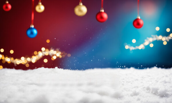festive winter image featuring white snow in the sharp foreground with a blurred background showing colorful christmas ornaments and glowing string lights