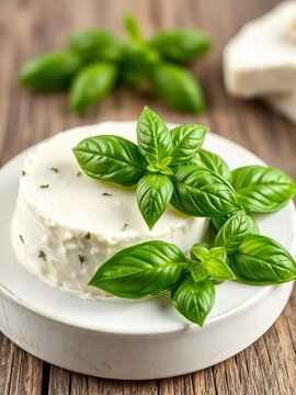 Ch&egrave;vre au Basilic, creamy goat cheese with basil leaves, ||France, Fresh Herbs