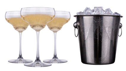 Three champagne coupe glasses filled with bubbly liquid next to a metal ice bucket with ice cubes, isolated on transparent background © Maria