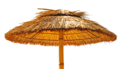 Natural straw beach umbrella with bamboo pole, isolated on transparent background © Maria